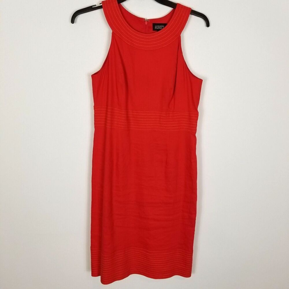 Adrianna Papell Women Linen Blend Retro Style Dress Size 14 Red Sleeveless‎